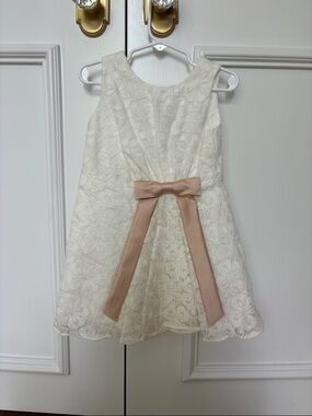 Hucklebones London Girl’s Ivory Floral Lace Pleated Bodice Dress with Blush Bow